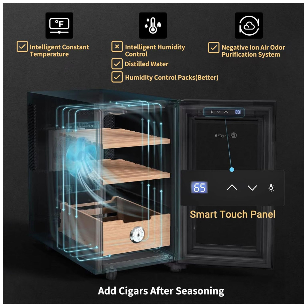 Humidor Elétrico KingChii Preto Cedro Espanhol Controle Temperatura 23L 240V