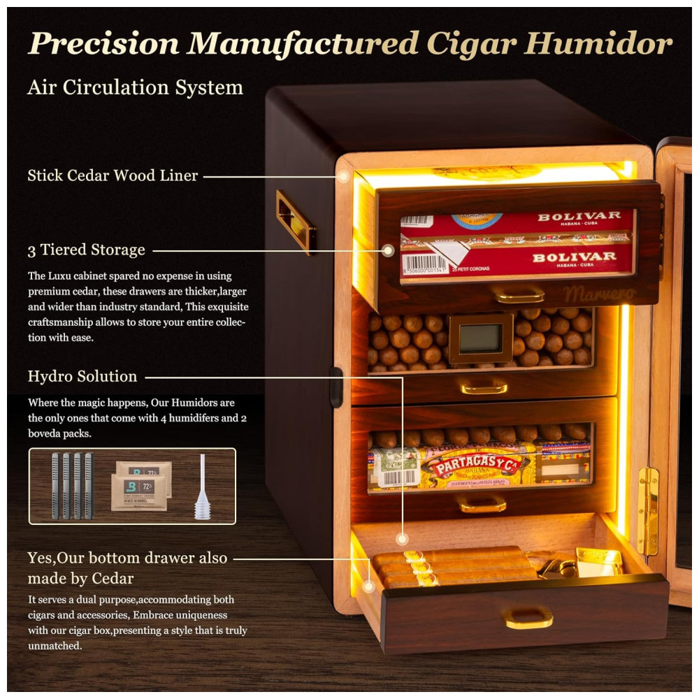 ectq3y3j5m5d0b_2 jpg - Umidor de Charutos de Mesa, com 3 lados Iluminados, Higrômetro Digital, Umidificador e Packs de Umidade. 4 Gavetas de Cedro.Marvero
