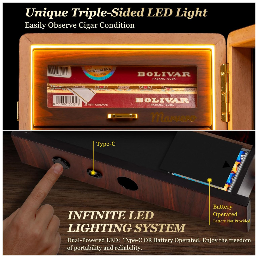 ectq3y3j5m5d0b_4 jpg - Umidor de Charutos de Mesa, com 3 lados Iluminados, Higrômetro Digital, Umidificador e Packs de Umidade. 4 Gavetas de Cedro.Marvero