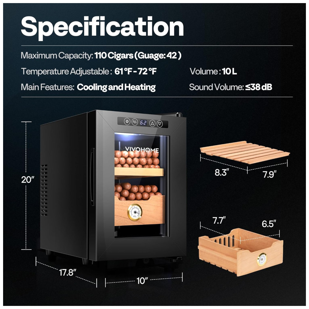 ectq4s1tcb8d0b_6 jpg - Humidor VIVOHOME elétrico de 10L com capacidade para 110 charutos, refrigeração e aquecimento, prateleiras internas e gaveta em madeira de Cedro Espanhol, higrômetro preciso e umidificador