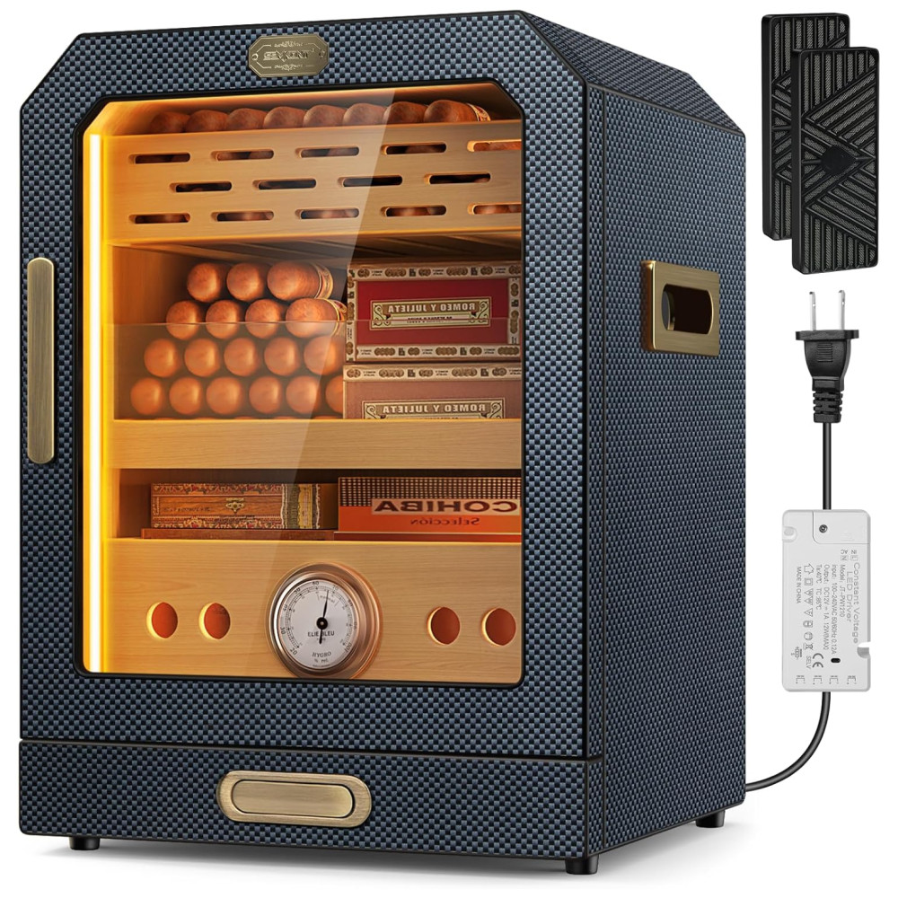 Humidor para Charutos SEMKONT Fibra de Carbono Gaveta de Acessórios LED 3 Prateleiras 100 150 Charutos