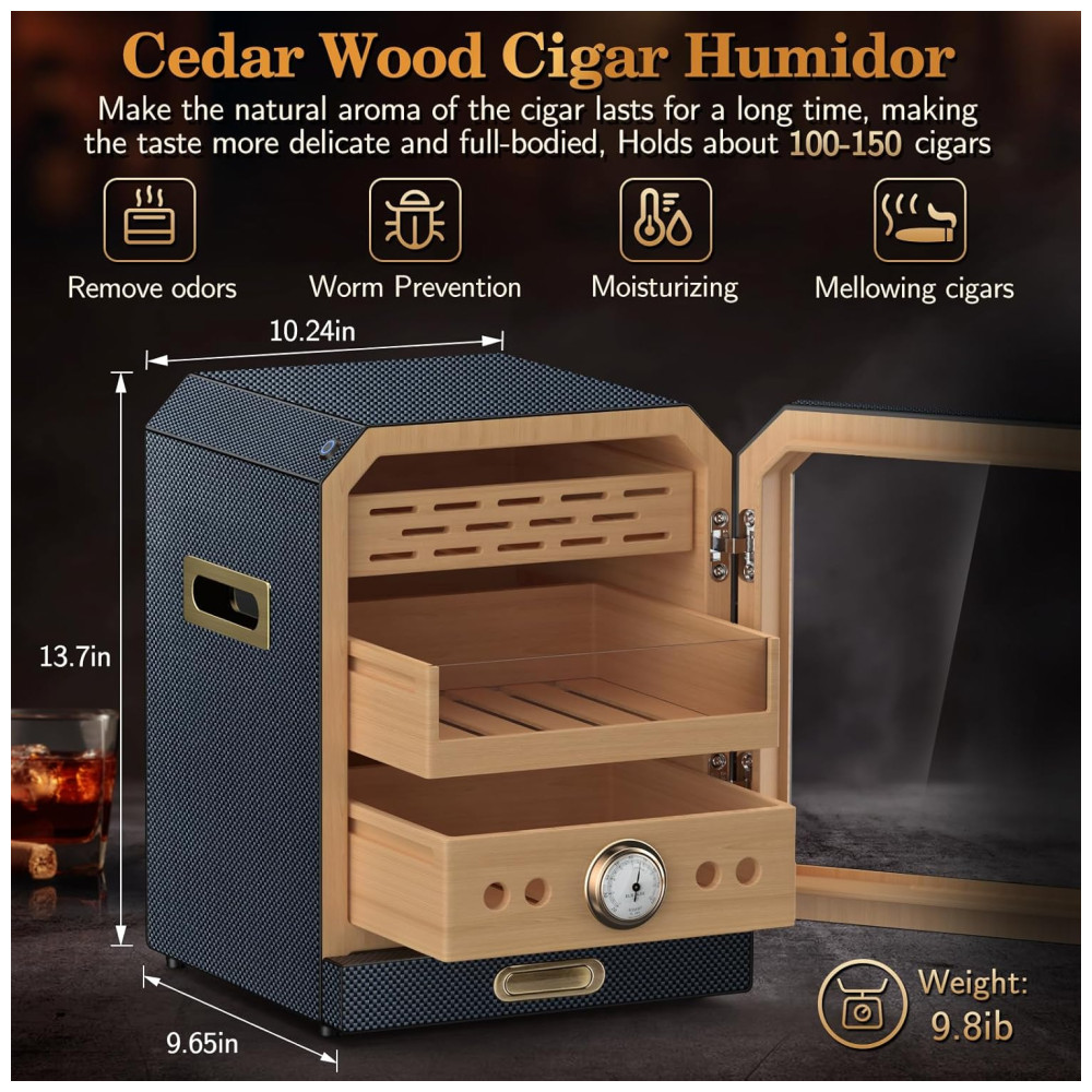 Humidor para Charutos SEMKONT Fibra de Carbono Gaveta de Acessórios LED 3 Prateleiras 100 150 Charutos