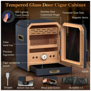 Humidor para Charutos SEMKONT Fibra de Carbono Gaveta de Acessórios LED 3 Prateleiras 100 150 Charutos