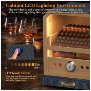 Humidor para Charutos SEMKONT Fibra de Carbono Gaveta de Acessórios LED 3 Prateleiras 100 150 Charutos