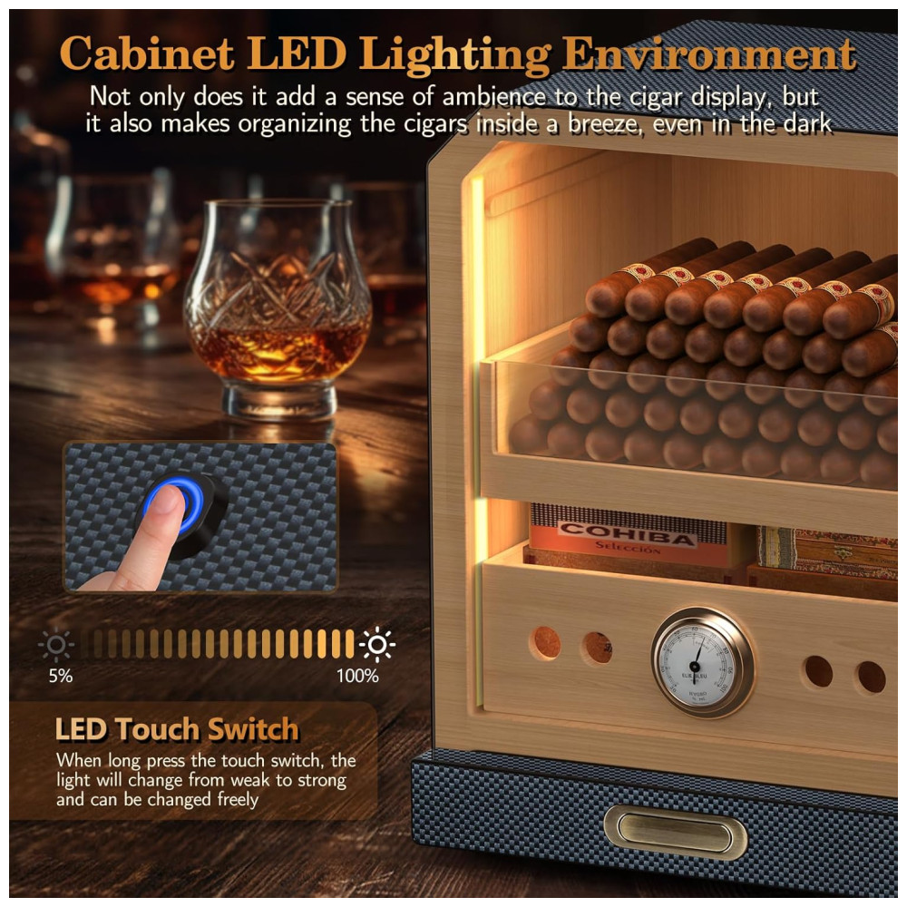 Humidor para Charutos SEMKONT Fibra de Carbono Gaveta de Acessórios LED 3 Prateleiras 100 150 Charutos