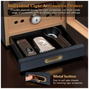 Humidor para Charutos SEMKONT Fibra de Carbono Gaveta de Acessórios LED 3 Prateleiras 100 150 Charutos