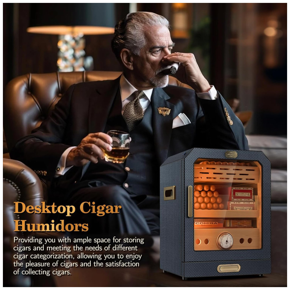 Humidor para Charutos SEMKONT Fibra de Carbono Gaveta de Acessórios LED 3 Prateleiras 100 150 Charutos