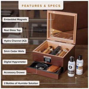 Humidor para Charutos Case Elegance Renzo Marrom Escuro Tampo de Vidro com Sistema Hydro Channel