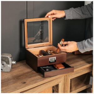 Humidor para Charutos Case Elegance Renzo Marrom Escuro Tampo de Vidro com Sistema Hydro Channel