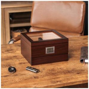 Humidor para Charutos Case Elegance Renzo Marrom Escuro Tampo de Vidro com Sistema Hydro Channel