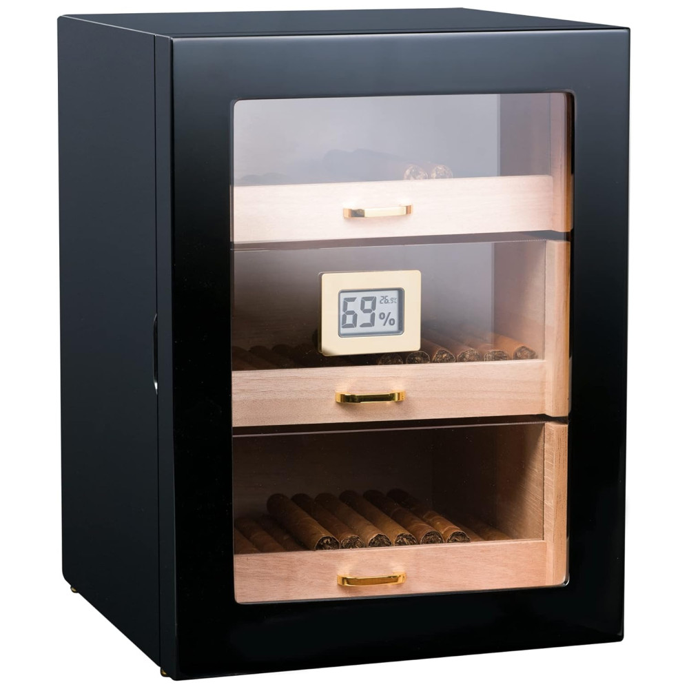 ectqhdzqlcy90b_0 jpg - Umidor para Charutos 150 Unidades com Prateleiras e Higrômetro Digital, Woodronic, Preto