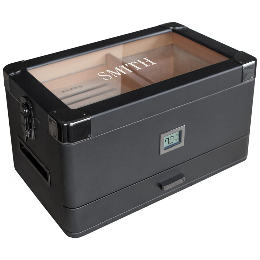 Umidor Militar para Charutos em Madeira de Cedro com Higrômetro Preciso Modelo CASE ELEGANCE Preto