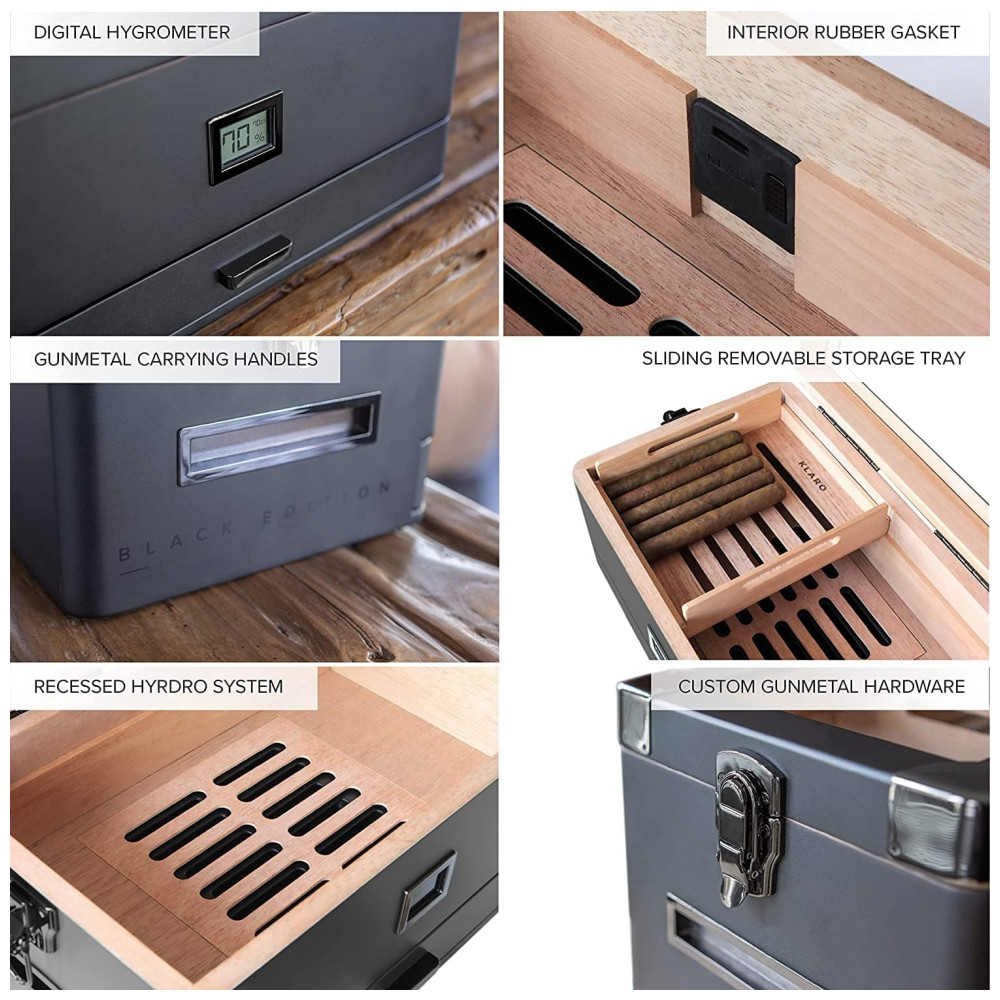 Umidor Militar para Charutos em Madeira de Cedro com Higrômetro Preciso Modelo CASE ELEGANCE Preto