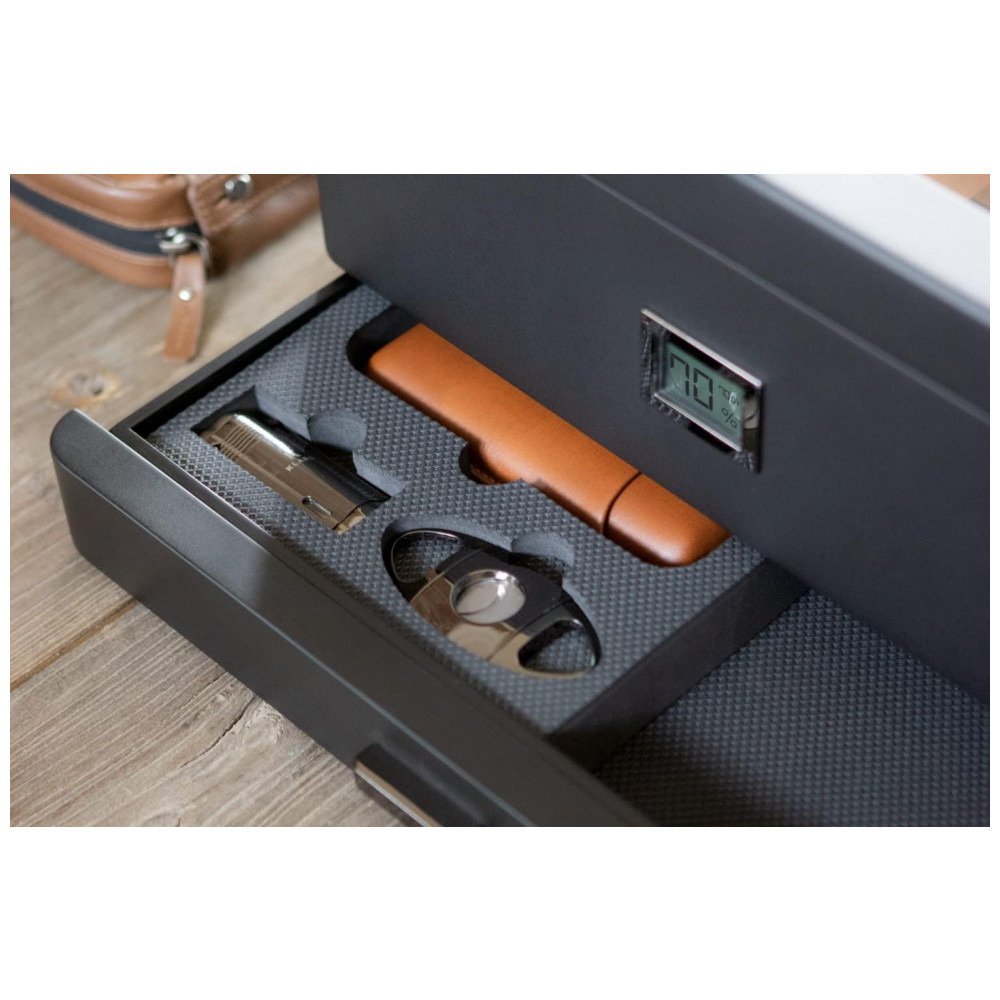 Umidor Militar para Charutos em Madeira de Cedro com Higrômetro Preciso Modelo CASE ELEGANCE Preto