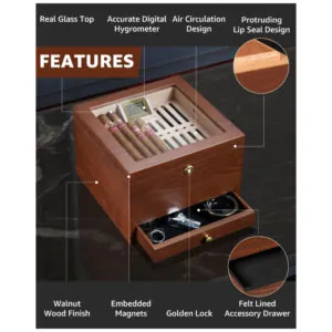 Humidor para Charutos Flauno Cerejeira com Trava e Sistema de Circulação de Ar