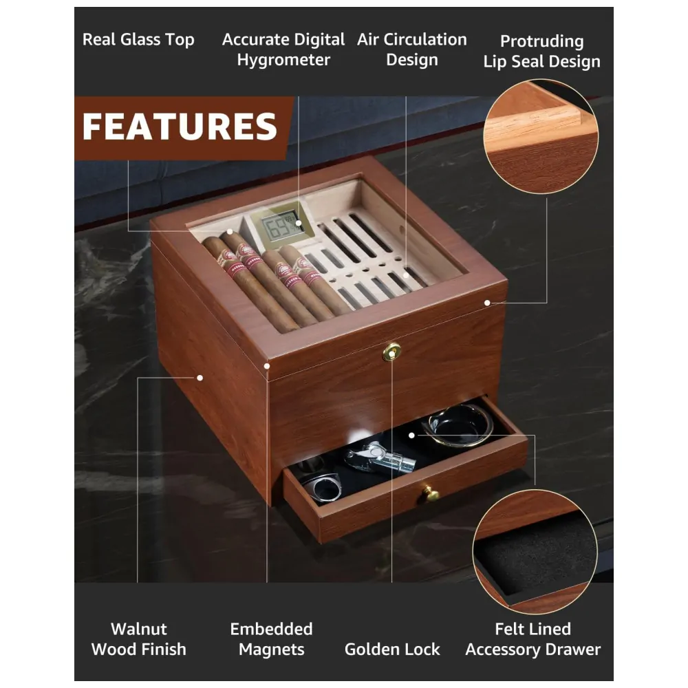Humidor para Charutos Flauno Cerejeira com Trava e Sistema de Circulação de Ar
