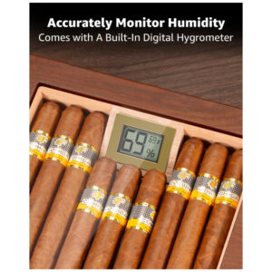 ectqkslc5m4d0b_6 jpg - Umidor Flauno com fechamento seguro, ventilação eficiente, capacidade para 70 charutos, cedro espanhol, higrômetro digital e gaveta.