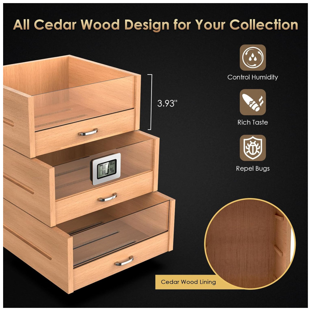 ectql6v47d3d0b_1 jpg - Umidor Grande Capacidade 150 Charutos , Porta Magnética Carbono Estilo Vintage, 3 Camadas de Cedro, Com Higrômetro Eletrônico,Mojgar.