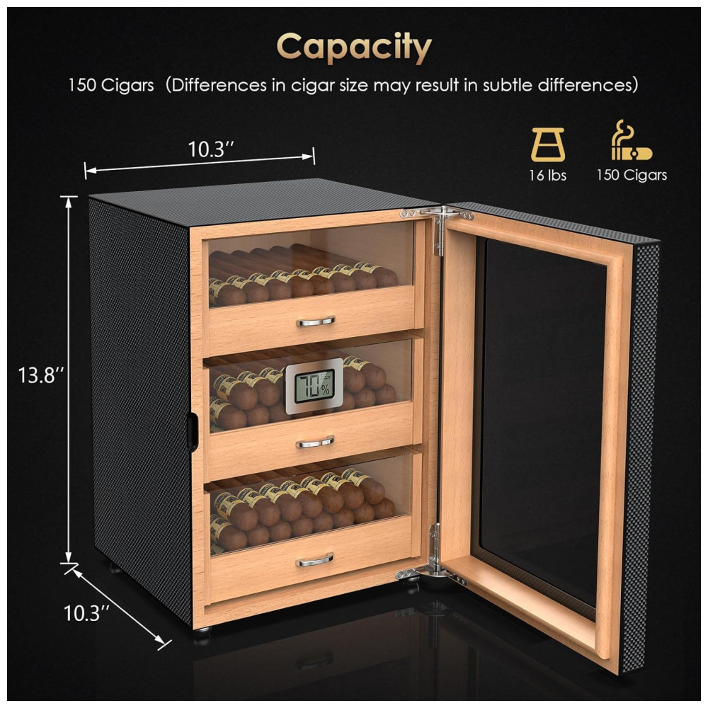 ectql6v47d3d0b_5 jpg - Umidor Grande Capacidade 150 Charutos , Porta Magnética Carbono Estilo Vintage, 3 Camadas de Cedro, Com Higrômetro Eletrônico,Mojgar.