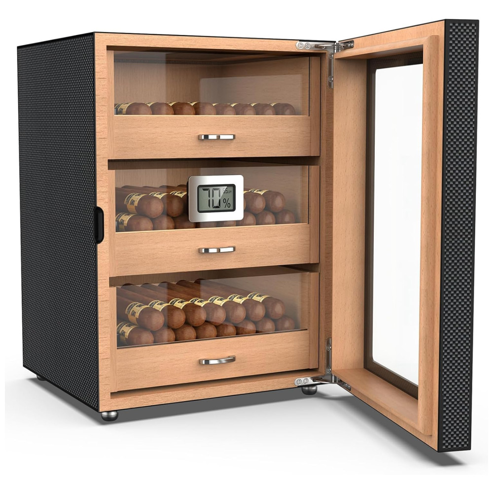 ectql6v47d3d0b_6 jpg - Umidor Grande Capacidade 150 Charutos , Porta Magnética Carbono Estilo Vintage, 3 Camadas de Cedro, Com Higrômetro Eletrônico,Mojgar.