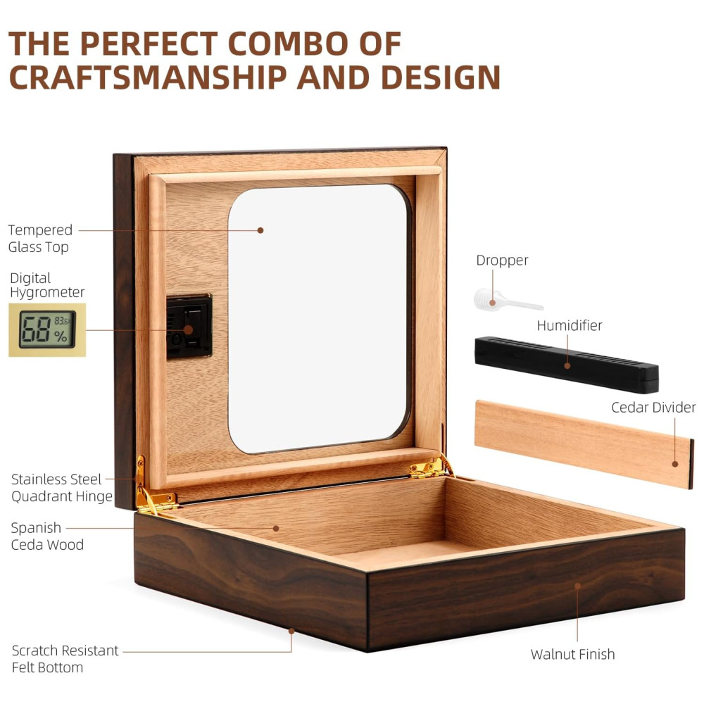 ectqlpjf641d0b_6 jpg - Umidor de Charutos OTAKOKIT com Design Moderno de Vidro, Caixa de Cedro com Higrômetro Digital, Umidificador, Divisor, Estojo Artesanal para 20 25 uni.