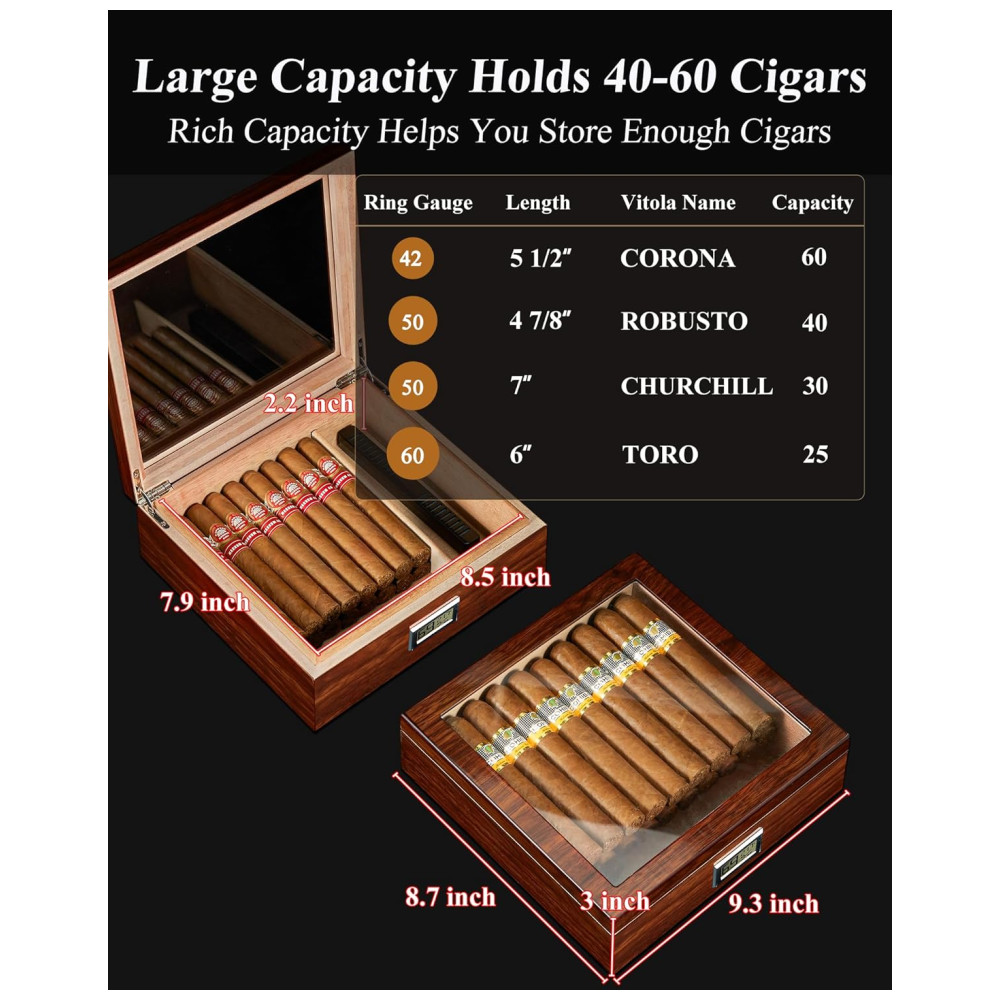 ectqmhy6vsyc0b_3 jpg - Umidor Flauno com Kit Completo Luminária, Cinzeiro, Cortador, Higrômetro Digital, Umidificador, Divisor, Revestimento em Cedro Capacidade para 60 Cigarros