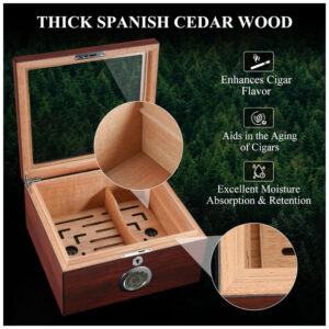 ectqrz5vkmtc0b_3 jpg - Umidor de Cedro para 60 Charutos, Flauno com Trava, Umidificação Fácil, Higrômetro Digital, 2 Umidificadores