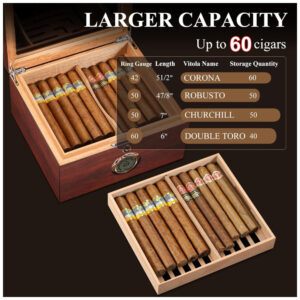 ectqrz5vkmtc0b_4 jpg - Umidor de Cedro para 60 Charutos, Flauno com Trava, Umidificação Fácil, Higrômetro Digital, 2 Umidificadores