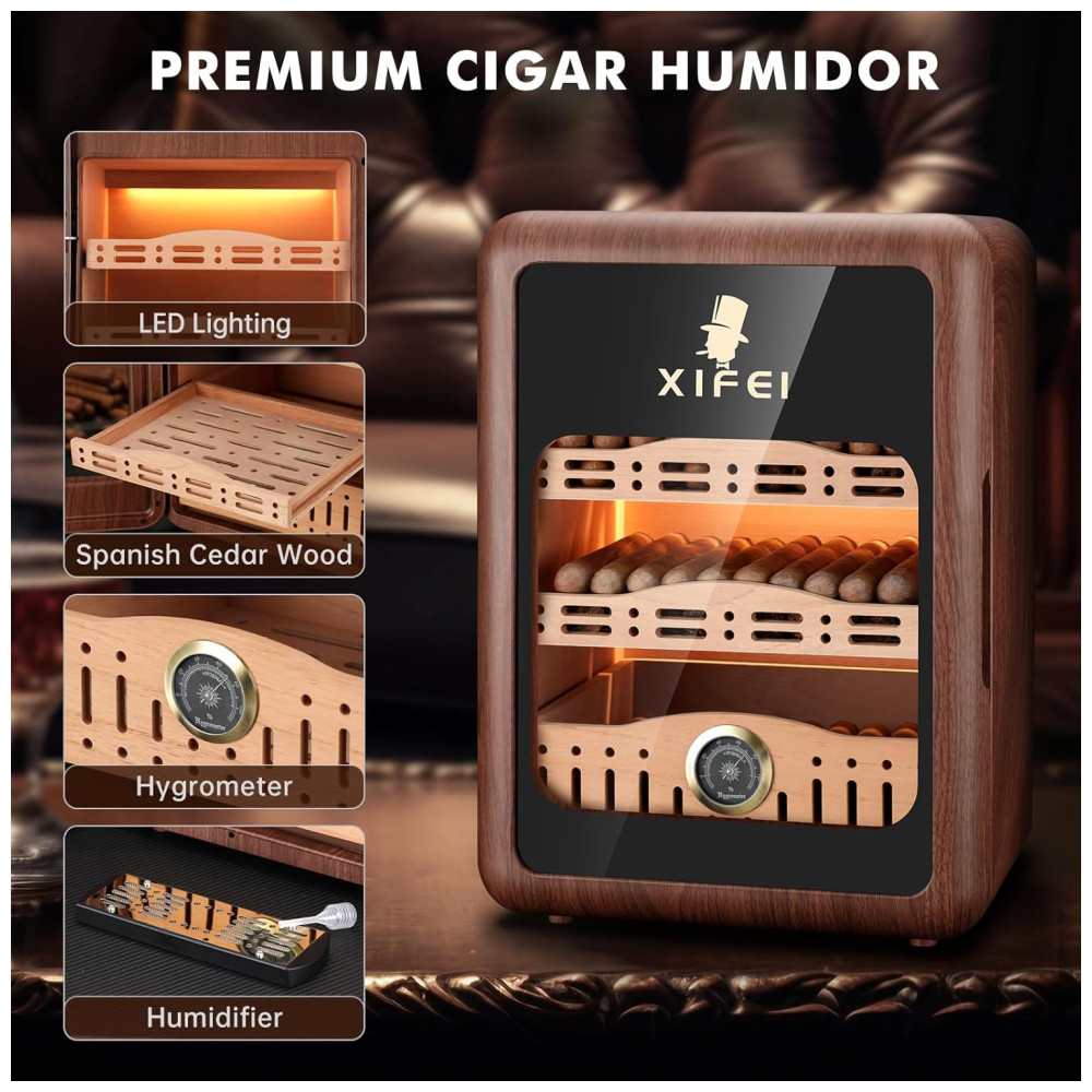 Humidor XIFEI Marrom Capacidade 150 Charutos LED Madeira Cedro Espanhol