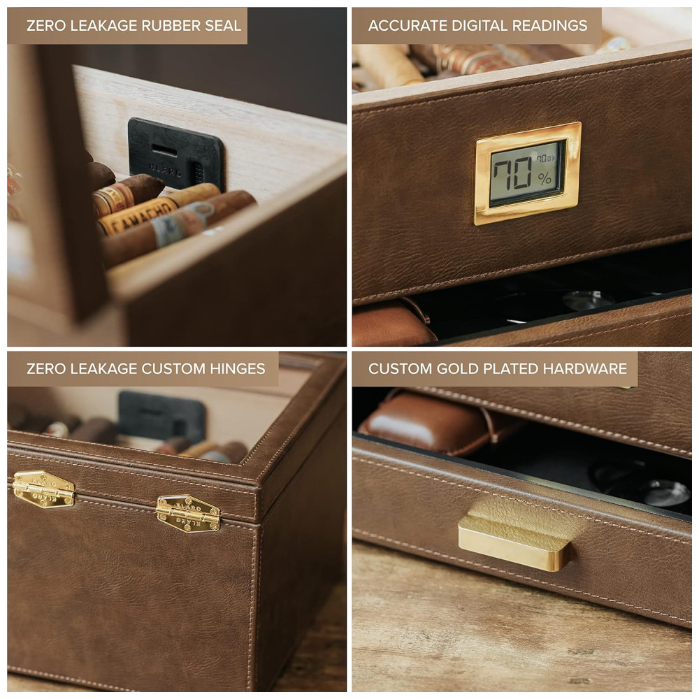 ectqthccnlp90b_2 jpg - Umidor de Charutos Belmont da CASE ELEGANCE com Sistema Prático de Umidificação, Cedro Resistente, Medidor de Umidade Digital, Revestimento em Couro, Marrom, Capacidade
