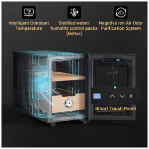 Gabinete Umidificador de Charutos KingChii Preto 16L Controle de Temperatura Prateleiras de Cedro 100 Charutos