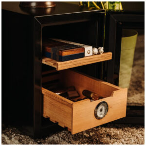 Gabinete Umidificador de Charutos KingChii Preto 16L Controle de Temperatura Prateleiras de Cedro 100 Charutos