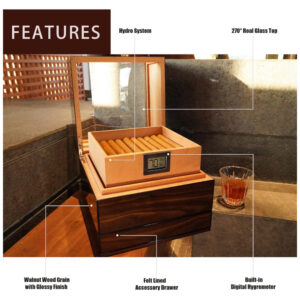 Humidor para Charutos TUTUNES Nogueira Cedro Espanhol 100 Charutos Higrômetro Digital