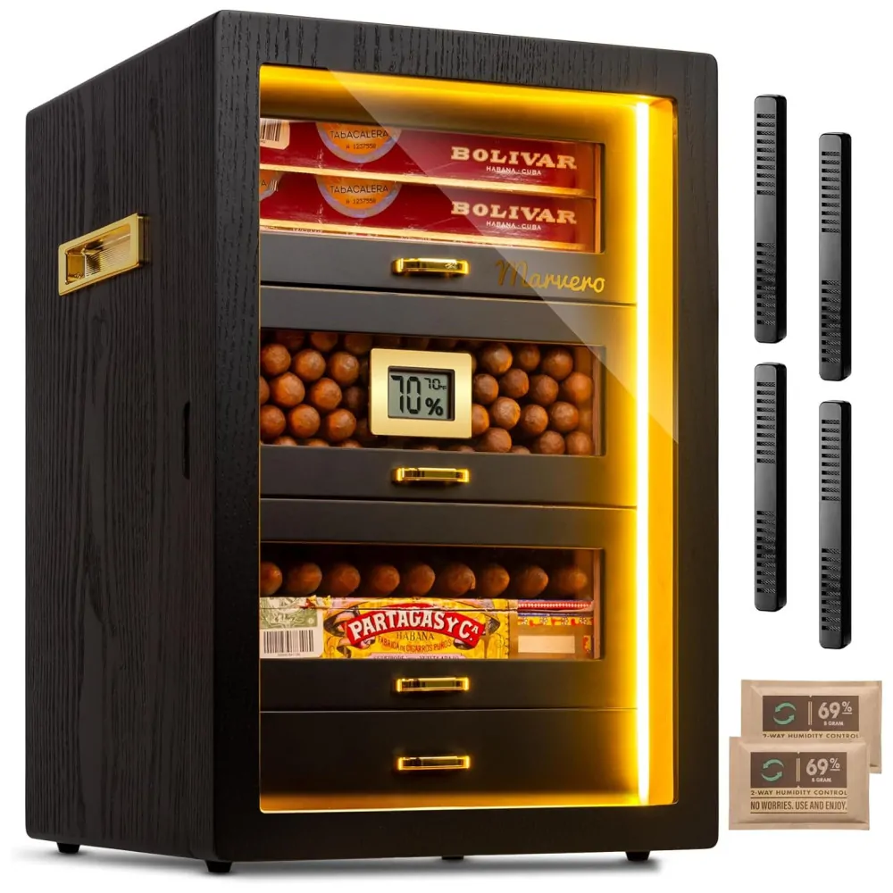 Humidor para Charutos Marvero Preto com Iluminação LED Tripla 200 Charutos 4 Gavetas Cedro