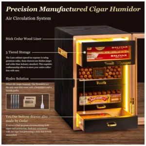 Humidor para Charutos Marvero Preto com Iluminação LED Tripla 200 Charutos 4 Gavetas Cedro