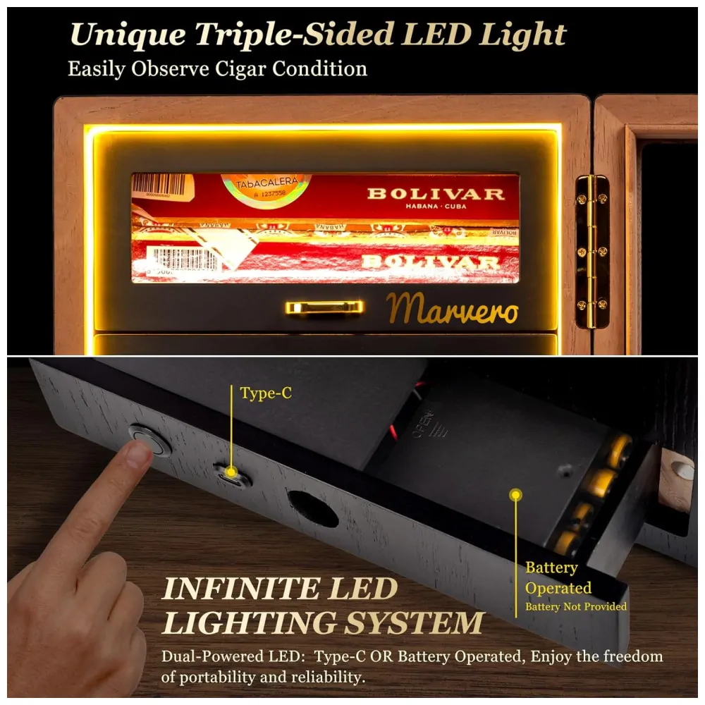 Humidor para Charutos Marvero Preto com Iluminação LED Tripla 200 Charutos 4 Gavetas Cedro