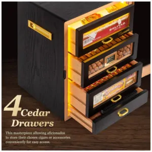 Humidor para Charutos Marvero Preto com Iluminação LED Tripla 200 Charutos 4 Gavetas Cedro