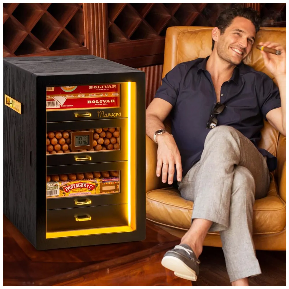 Humidor para Charutos Marvero Preto com Iluminação LED Tripla 200 Charutos 4 Gavetas Cedro
