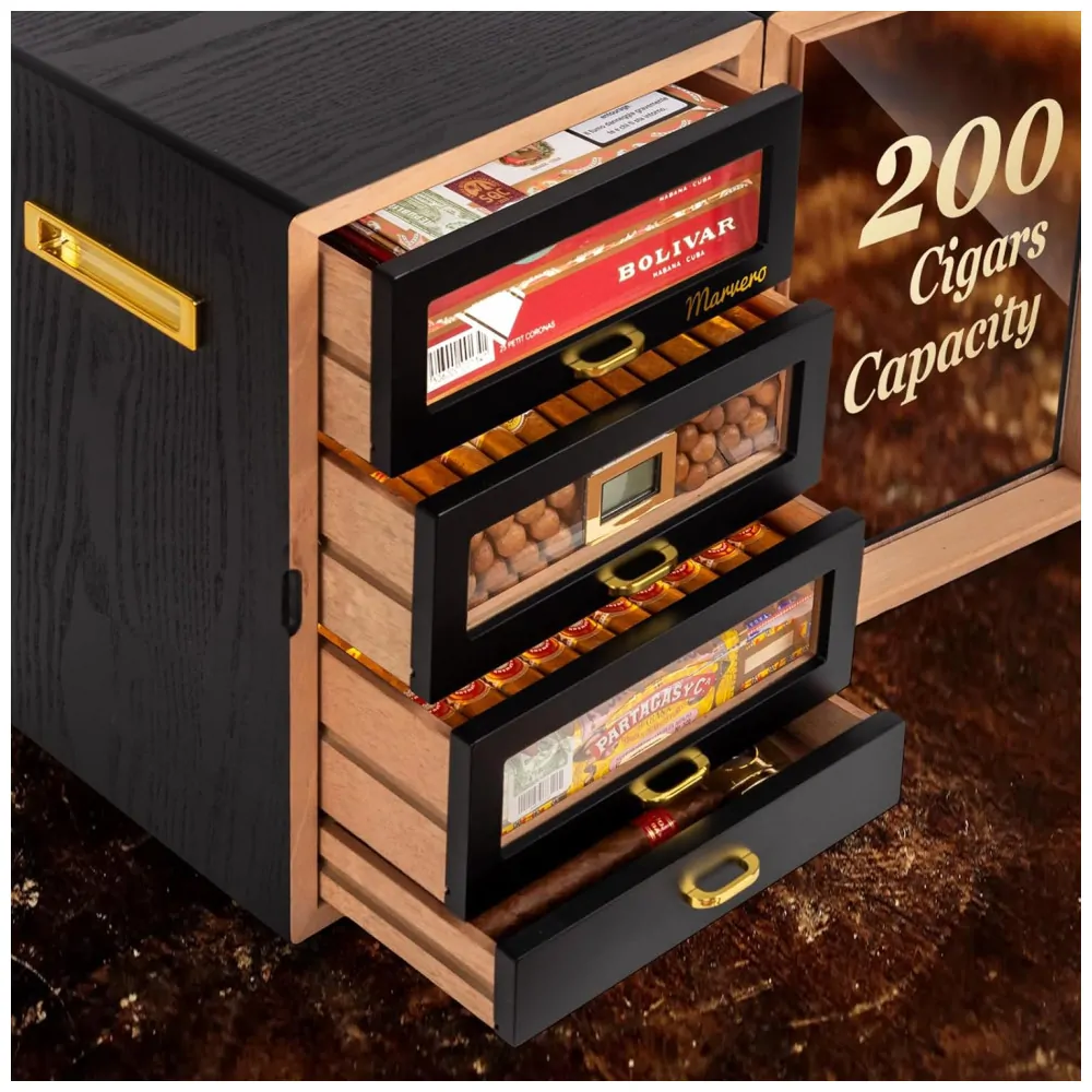 Humidor para Charutos Marvero Preto com Iluminação LED Tripla 200 Charutos 4 Gavetas Cedro