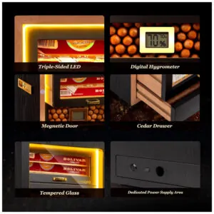 Humidor para Charutos Marvero Preto com Iluminação LED Tripla 200 Charutos 4 Gavetas Cedro