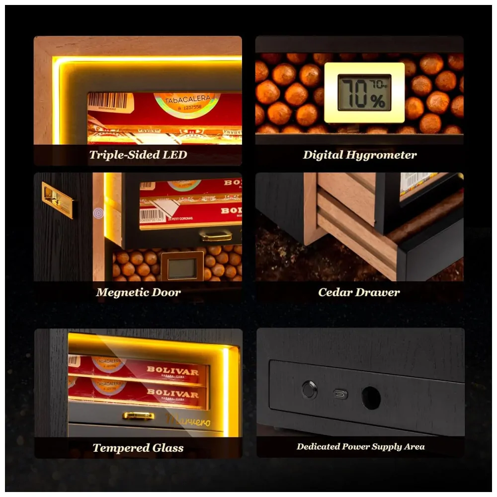 Humidor para Charutos Marvero Preto com Iluminação LED Tripla 200 Charutos 4 Gavetas Cedro