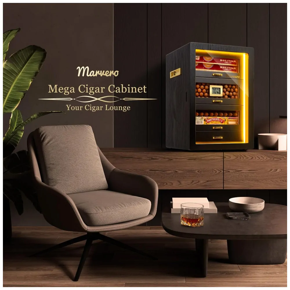 Humidor para Charutos Marvero Preto com Iluminação LED Tripla 200 Charutos 4 Gavetas Cedro