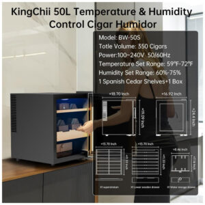 Gabinete Humidificador KingChii 50L com Controle de Temperatura e Umidade com Madeira de Cedro Espanhol 240V