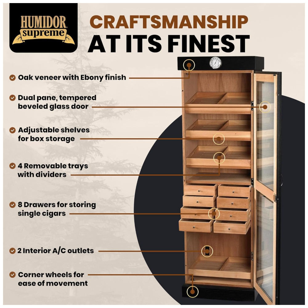 Humidor Torre Humidor Supreme Preto 3000 Charutos Cedro Espanhol Higrômetro 72 Polegadas