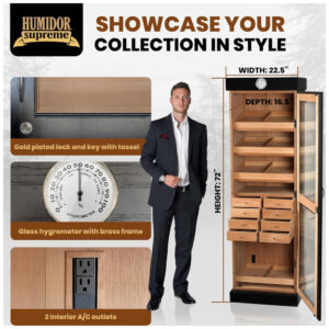 Humidor Torre Humidor Supreme Preto 3000 Charutos Cedro Espanhol Higrômetro 72 Polegadas