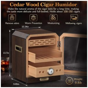 Umidor de Charutos com Porta Magnética Iluminada, Gaveta para Acessórios e 2 Umidificadores. Armazenamento de 3 Camadas, SEMKONT