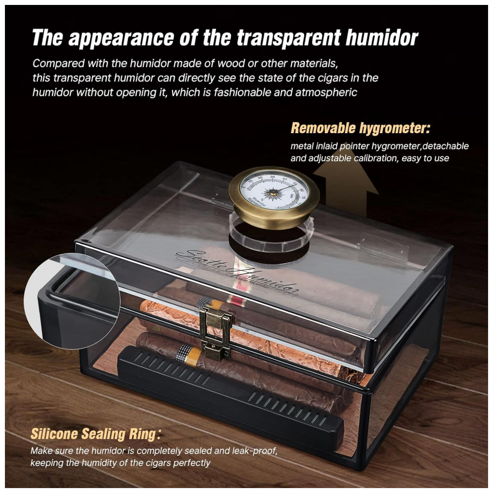 Umidor de Charutos Scotte Cinza em Acrílico Transparente com Higrômetro e Umidificador Capacidade para 20 Charutos
