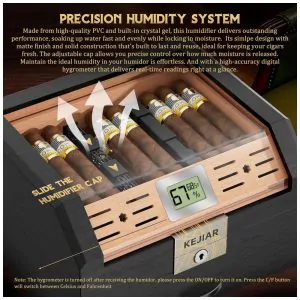 Umidor KEJIAR Preto Formato Trapezoidal Tampa Acrílica com Trava e Higrômetro Digital para 45 a 60 Charutos