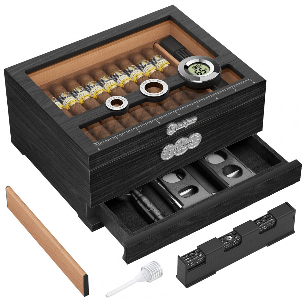 Umidor para Charutos LIHTUN Tampa de Vidro Madeira de Cedro com Higrômetro Digital e Balança Modelo HJXMH 1