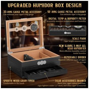 Umidor para Charutos LIHTUN Tampa de Vidro Madeira de Cedro com Higrômetro Digital e Balança Modelo HJXMH 1